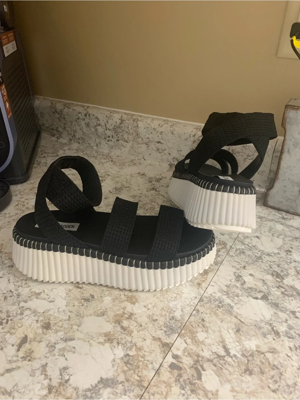 Steve Madden Black Elastic Strappy Platform Sandals with White Ribbed Sole